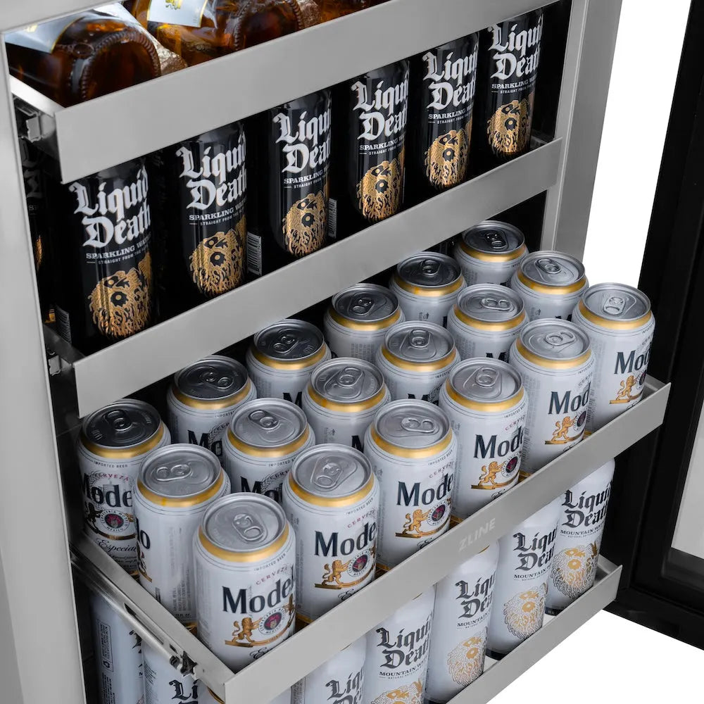 ZLINE Autograph Edition Touchstone 24-inch beverage fridge in satin stainless steel and polished gold accents RBSOZ-SN-24-G, detail