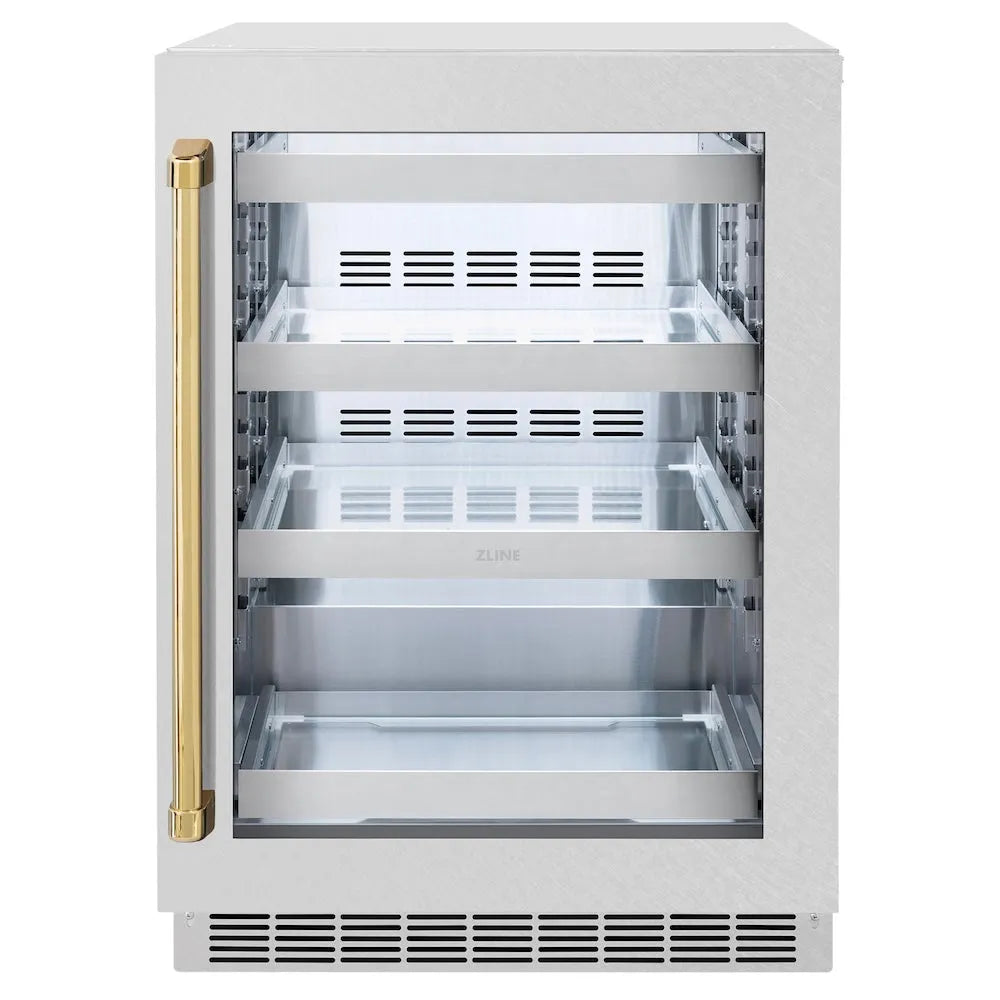 ZLINE Autograph Edition Touchstone 24-inch beverage fridge in satin stainless steel and polished gold accents RBSOZ-SN-24-G