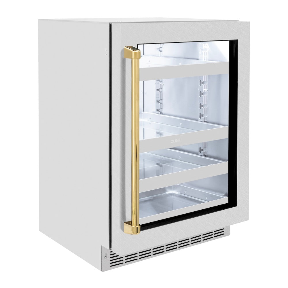 ZLINE Autograph Edition Touchstone 24-inch beverage fridge in satin stainless steel and polished gold accents RBSOZ-SN-24-G, side view