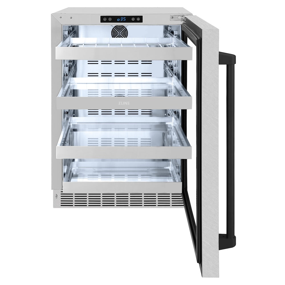 ZLINE Autograph Edition Touchstone 24-inch beverage fridge in satin stainless steel and matte black accents RBSOZ-SN-24-MB, front view