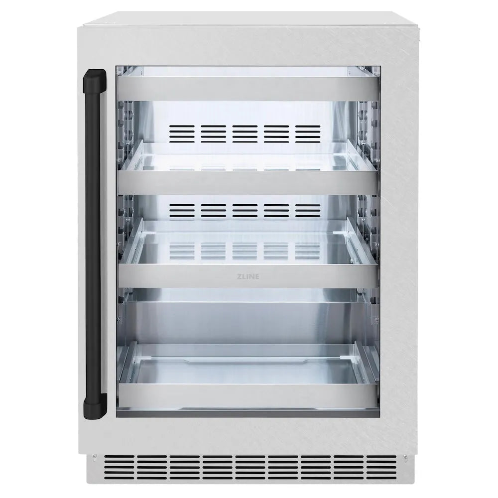 ZLINE Autograph Edition Touchstone 24-inch beverage fridge in satin stainless steel and matte black accents RBSOZ-SN-24-MB