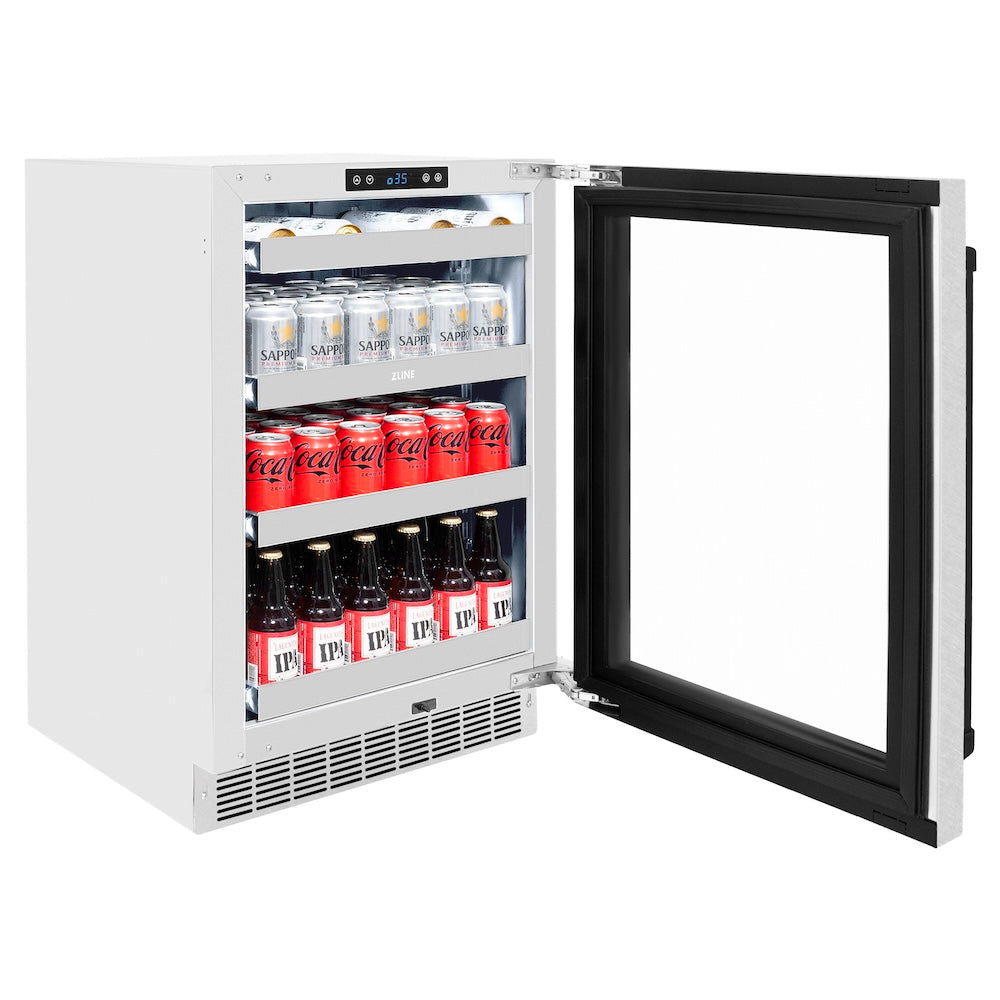 ZLINE Autograph Edition Touchstone 24-inch beverage fridge in satin stainless steel and matte black accents RBSOZ-SN-24-MB, door open