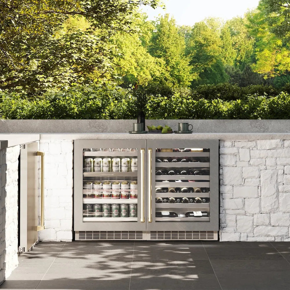 ZLINE Autograph Edition Touchstone 24-inch wine cooler in satin stainless steel and champagne bronze accents RWDOZ-SN-24-CB, front view