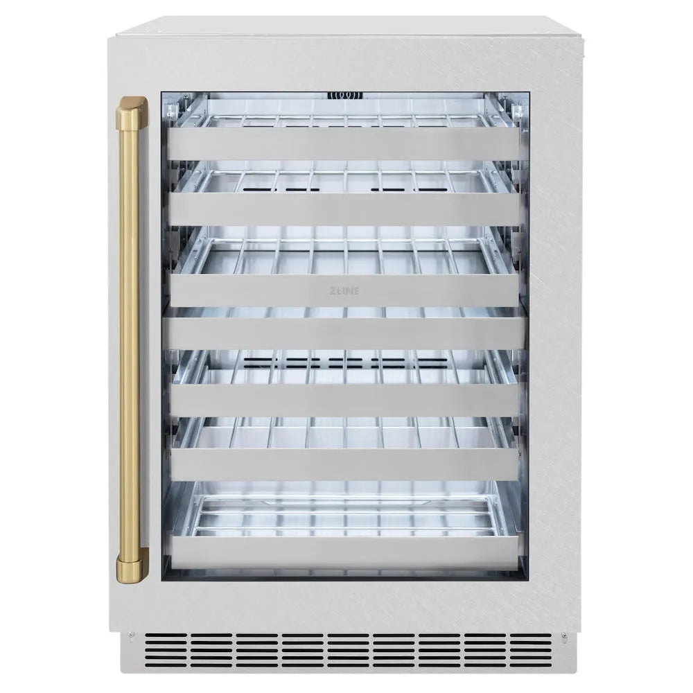 ZLINE Autograph Edition Touchstone 24-inch wine cooler in satin stainless steel and champagne bronze accents RWDOZ-SN-24-CB