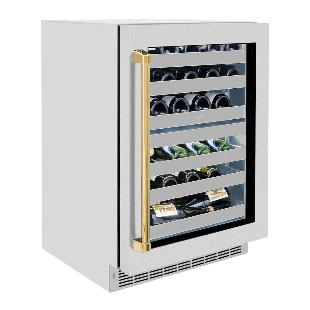 ZLINE Autograph Edition Touchstone 24-inch wine cooler in satin stainless steel and polished gold accents RWDOZ-SN-24-G, view 4