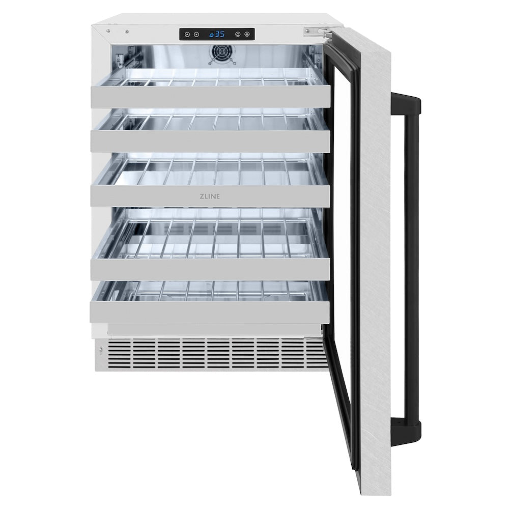 ZLINE Autograph Edition Touchstone 24-inch wine cooler in satin stainless steel and matte black accents RWDOZ-SN-24-MB, front view