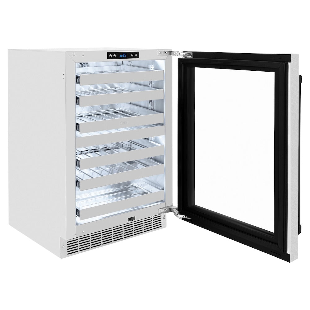 ZLINE Autograph Edition Touchstone 24-inch wine cooler in satin stainless steel and matte black accents RWDOZ-SN-24-MB, door open