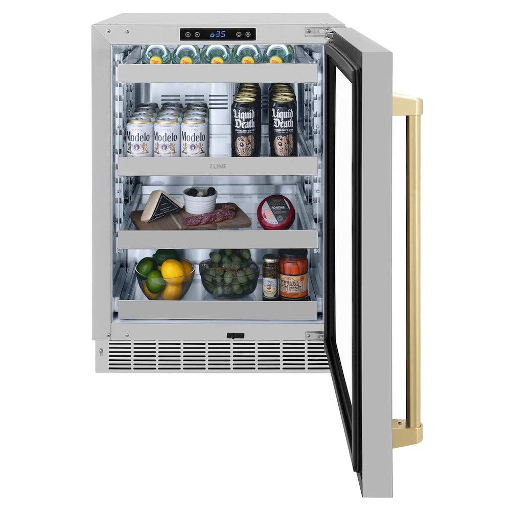 ZLINE Autograph Edition Touchstone 24-inch beverage fridge in stainless steel and champagne bronze accents RBSOZ-GS-24-CB, front view