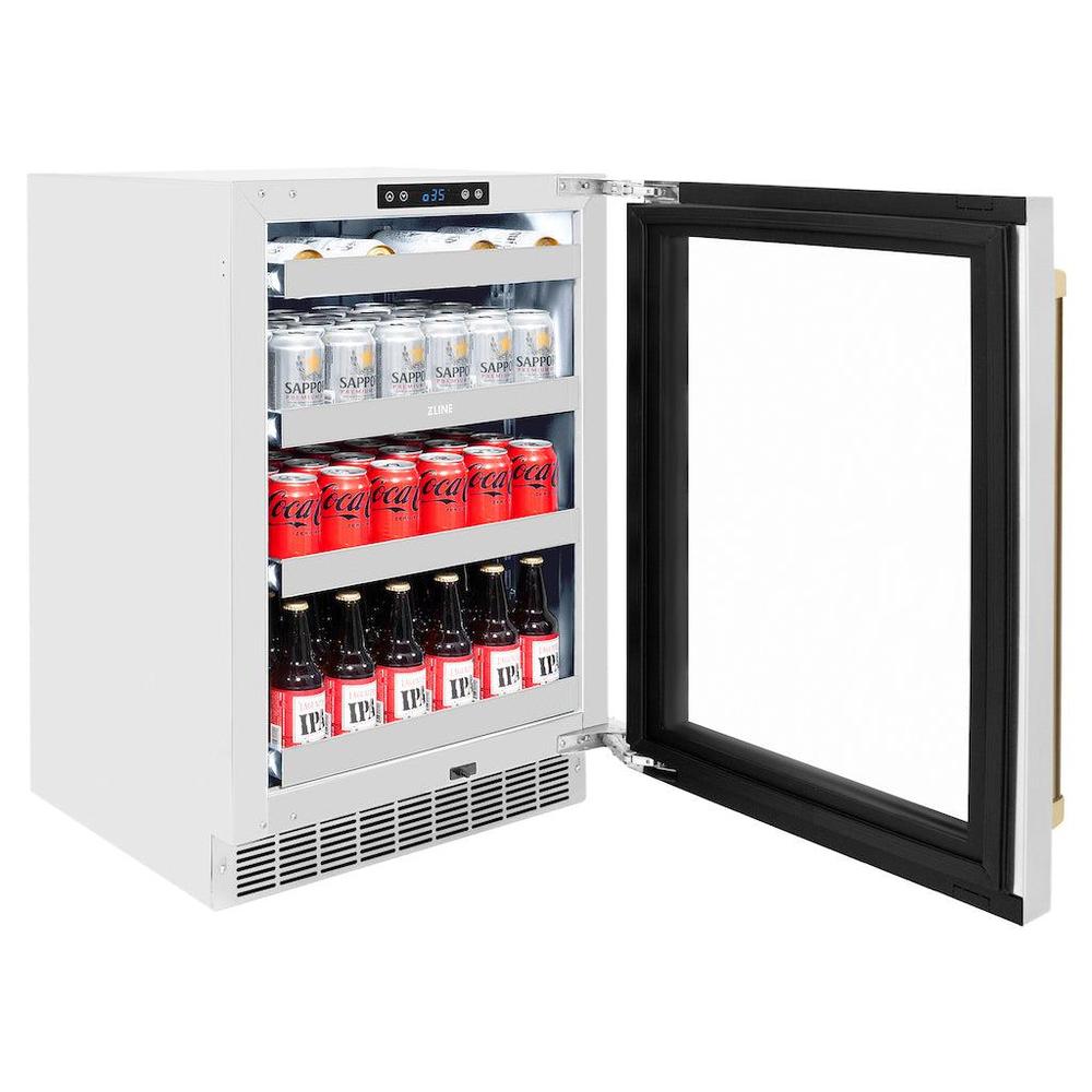 ZLINE Autograph Edition Touchstone 24-inch beverage fridge in stainless steel and champagne bronze accents RBSOZ-GS-24-CB, door open