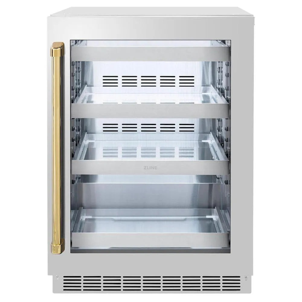 ZLINE Autograph Edition Touchstone 24-inch beverage fridge in stainless steel and polished gold accents RBSOZ-GS-24-G