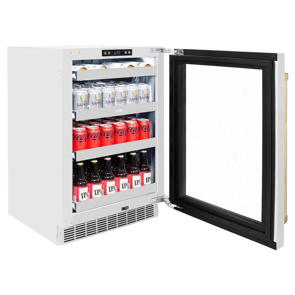 ZLINE Autograph Edition Touchstone 24-inch beverage fridge in stainless steel and polished gold accents RBSOZ-GS-24-G, door open