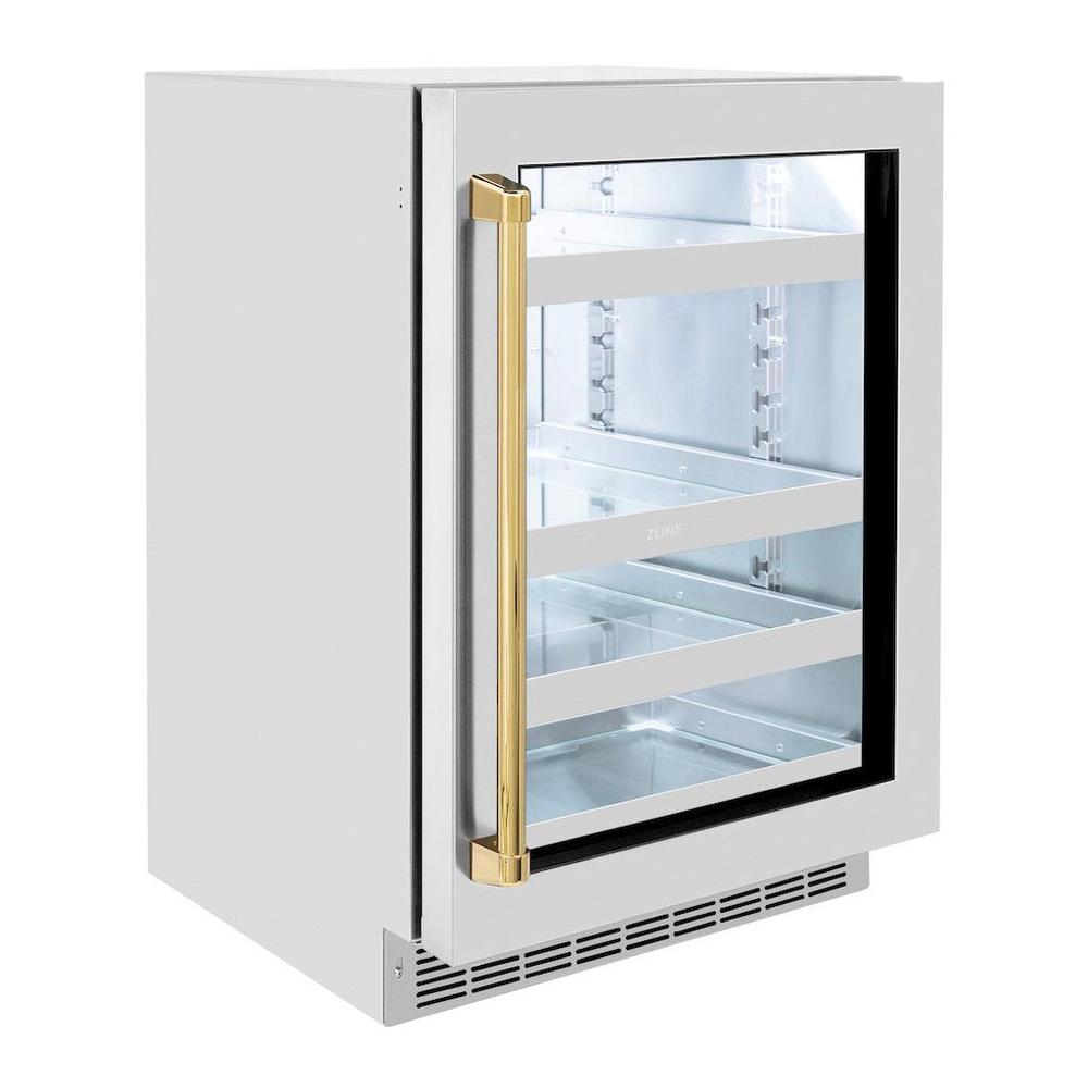 ZLINE Autograph Edition Touchstone 24-inch beverage fridge in stainless steel and polished gold accents RBSOZ-GS-24-G, side view