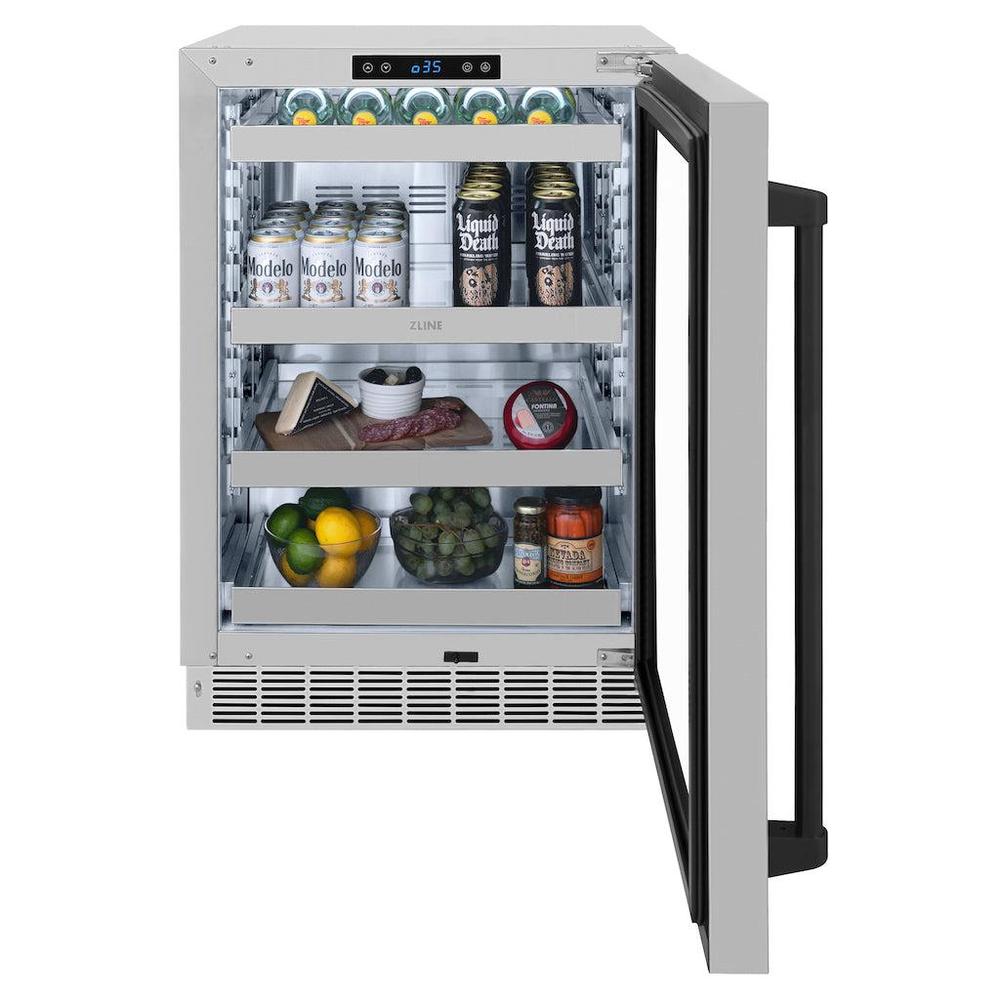 ZLINE Autograph Edition Touchstone 24-inch beverage fridge in stainless steel and matte black accents RBSOZ-GS-24-MB, front view