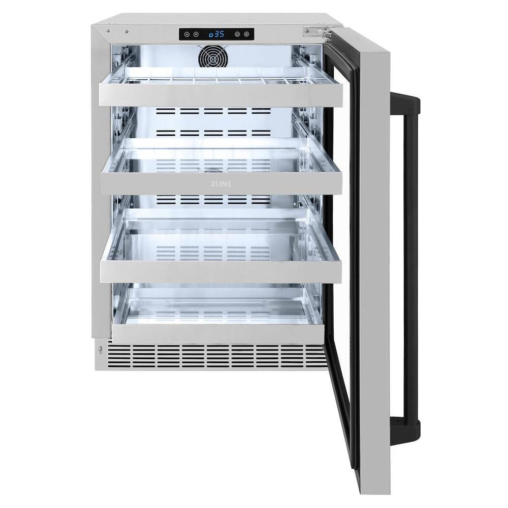 ZLINE Autograph Edition Touchstone 24-inch beverage fridge in stainless steel and matte black accents RBSOZ-GS-24-MB, front view