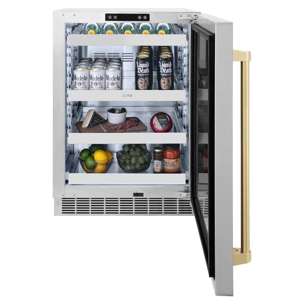 ZLINE Autograph Edition Touchstone 24-inch beverage fridge in stainless steel and champagne bronze accents RBSOZ-ST-24-CB, front view