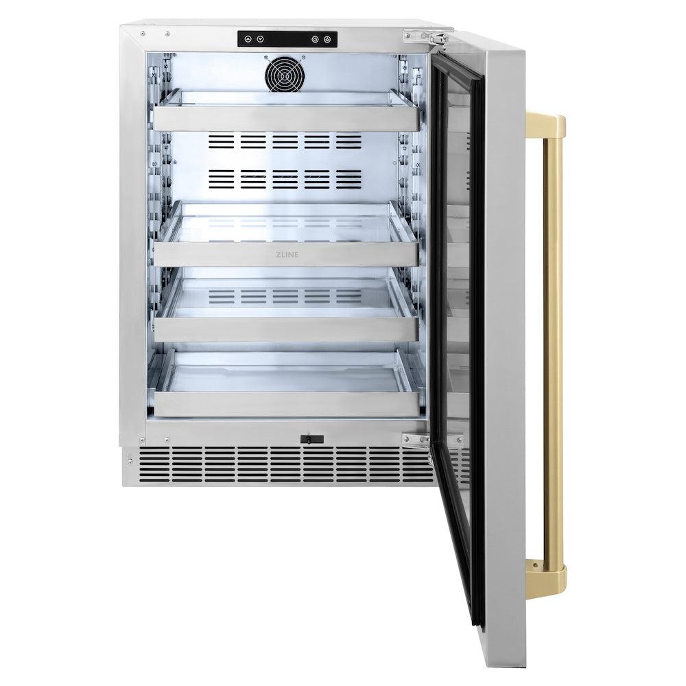 ZLINE Autograph Edition Touchstone 24-inch beverage fridge in stainless steel and champagne bronze accents RBSOZ-ST-24-CB, front view