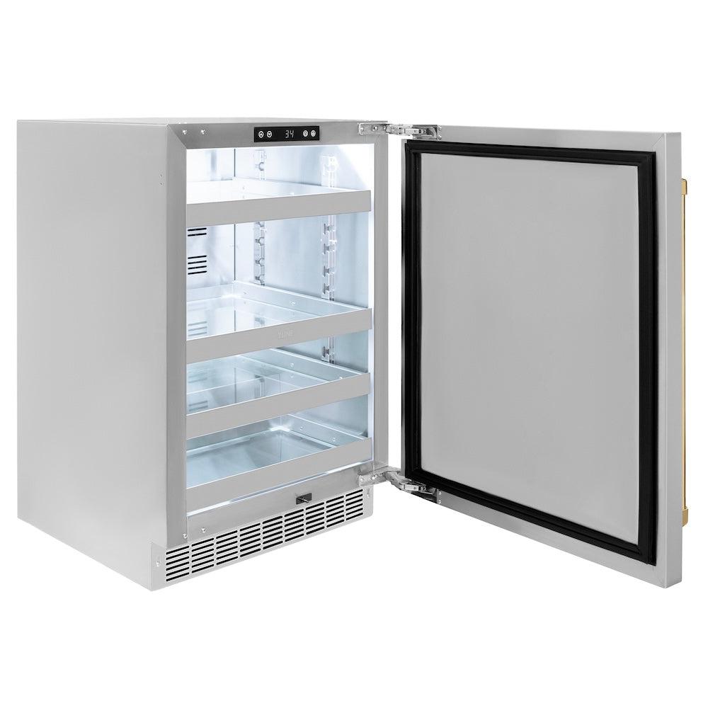 ZLINE Autograph Edition Touchstone 24-inch beverage fridge in stainless steel and polished gold accents RBSOZ-ST-24-G, door open