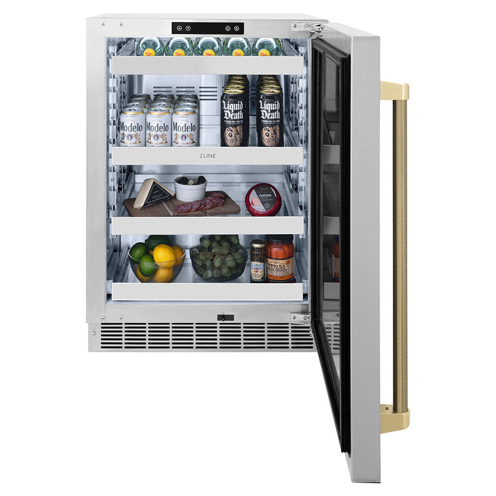 ZLINE Autograph Edition Touchstone 24-inch beverage fridge in stainless steel and champagne bronze accents RBSOZ-ST-24-KCB, front view