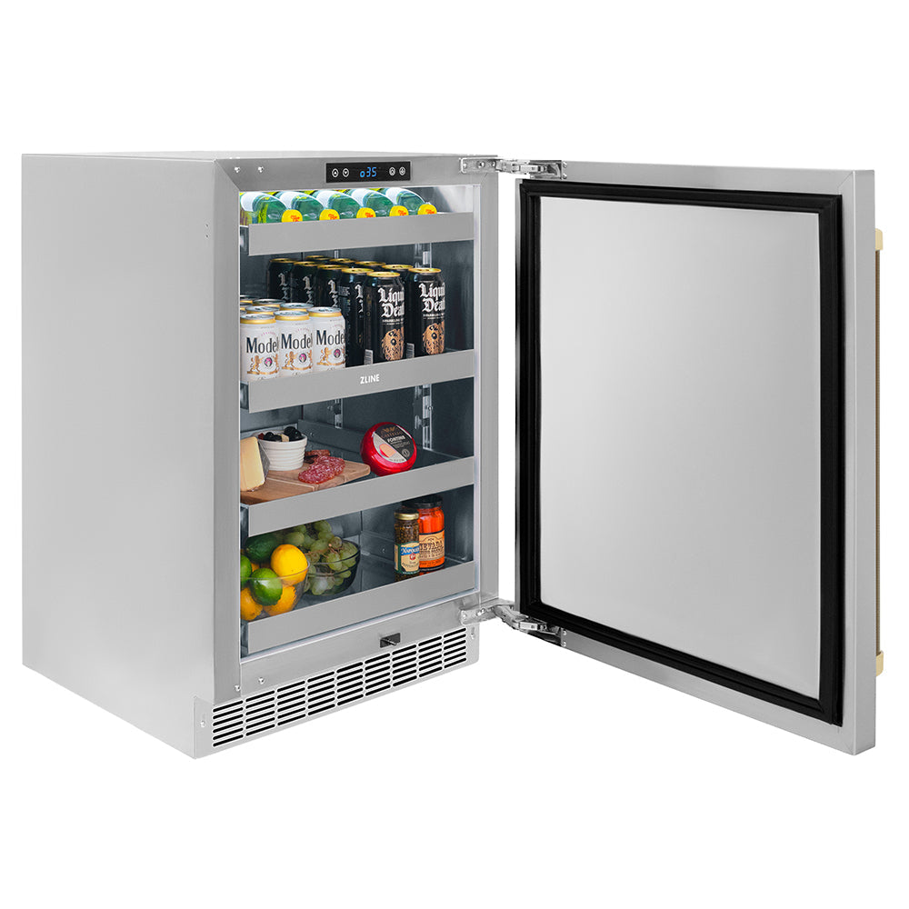 ZLINE Autograph Edition Touchstone 24-inch beverage fridge in stainless steel and champagne bronze accents RBSOZ-ST-24-KCB, door open