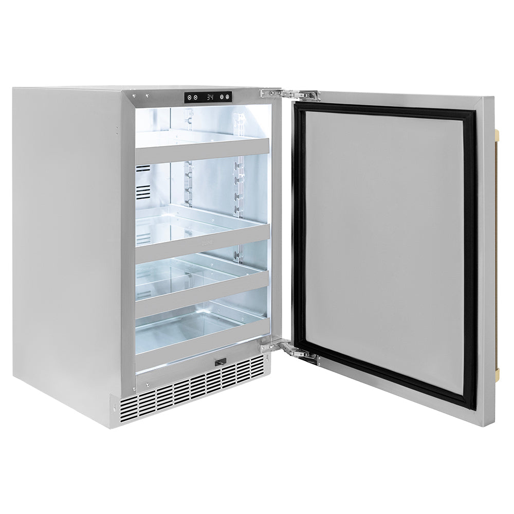 ZLINE Autograph Edition Touchstone 24-inch beverage fridge in stainless steel and champagne bronze accents RBSOZ-ST-24-KCB, door open