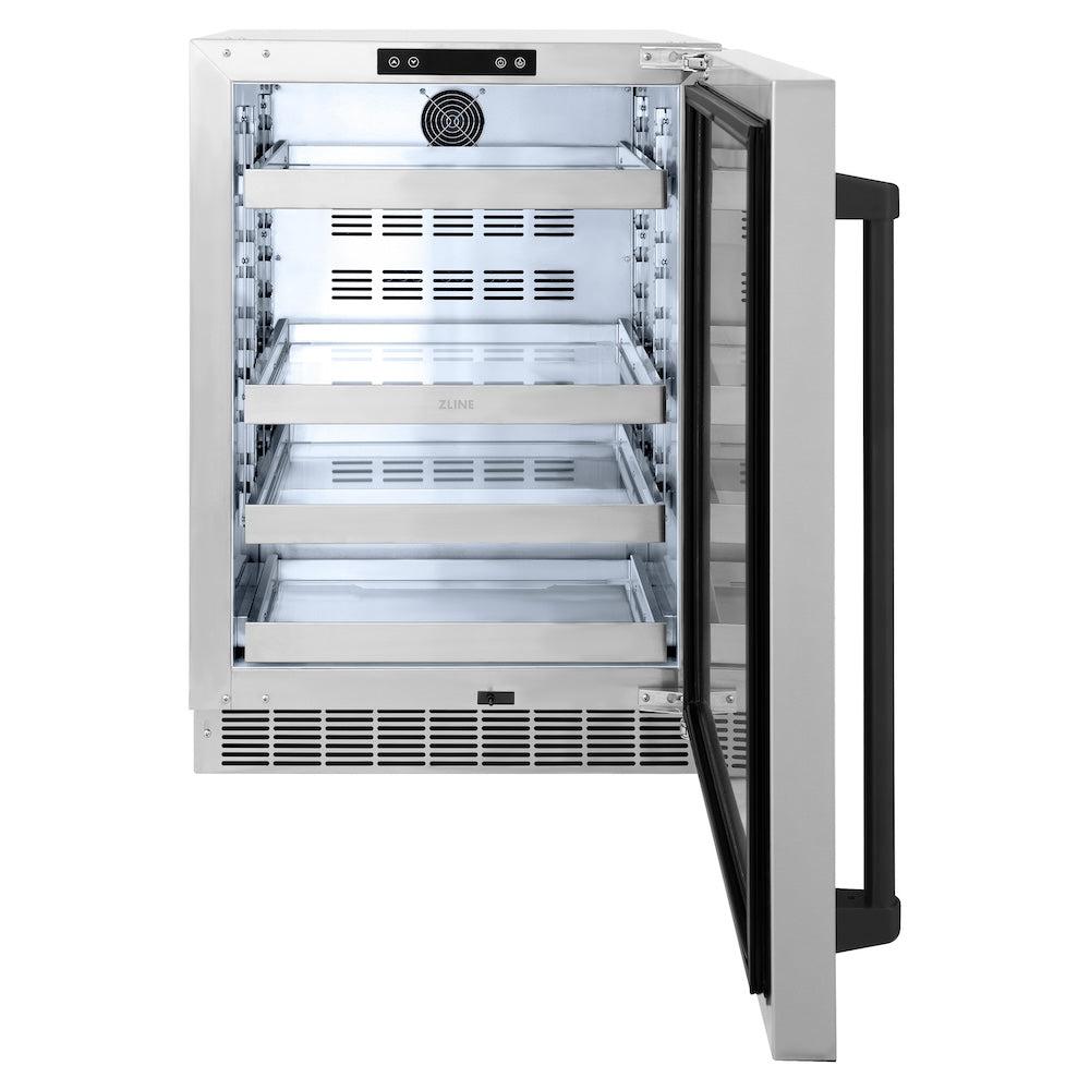 ZLINE Autograph Edition Touchstone 24-inch beverage fridge in stainless steel and matte black accents RBSOZ-ST-24-MB, front view