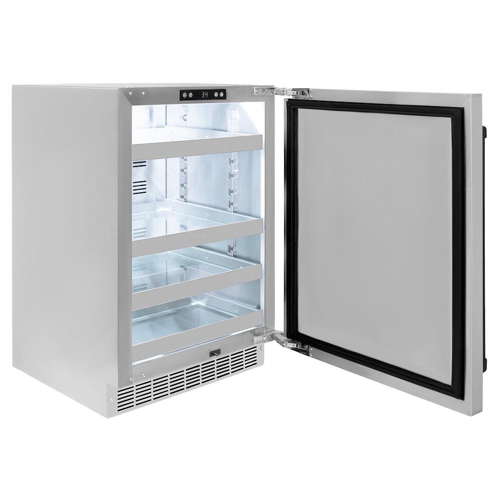 ZLINE Autograph Edition Touchstone 24-inch beverage fridge in stainless steel and matte black accents RBSOZ-ST-24-MB, door open