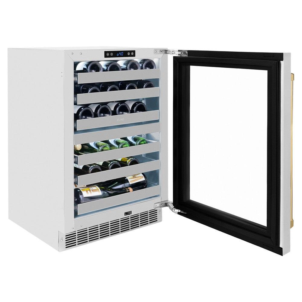 ZLINE Autograph Edition Touchstone 24-inch wine cooler in stainless steel and polished gold accents RWDOZ-GS-24-G, door open