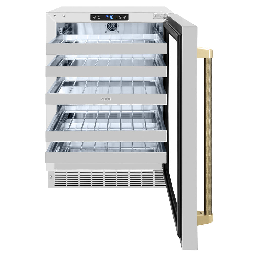ZLINE Autograph Edition Touchstone 24-inch wine cooler in stainless steel and champagne bronze accents RWDOZ-GS-24-KCB, front view