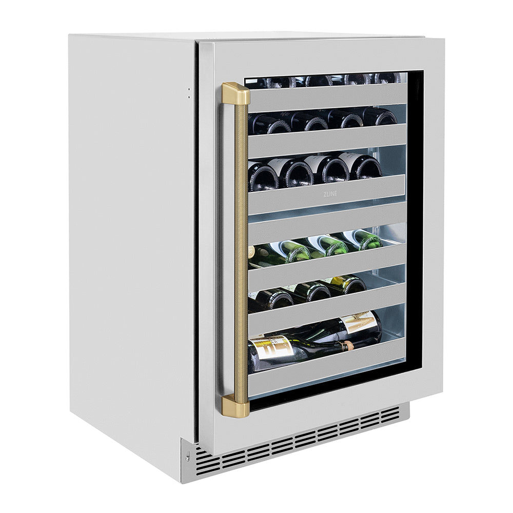 ZLINE Autograph Edition Touchstone 24-inch wine cooler in stainless steel and champagne bronze accents RWDOZ-GS-24-KCB, side view