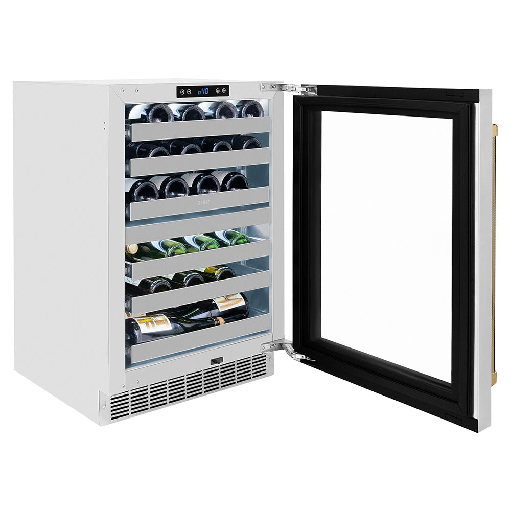 ZLINE Autograph Edition Touchstone 24-inch wine cooler in stainless steel and polished gold accents RWDOZ-GS-24-KG, door open