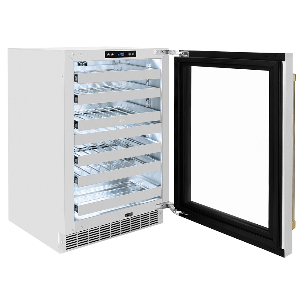 ZLINE Autograph Edition Touchstone 24-inch wine cooler in stainless steel and polished gold accents RWDOZ-GS-24-KG, door open