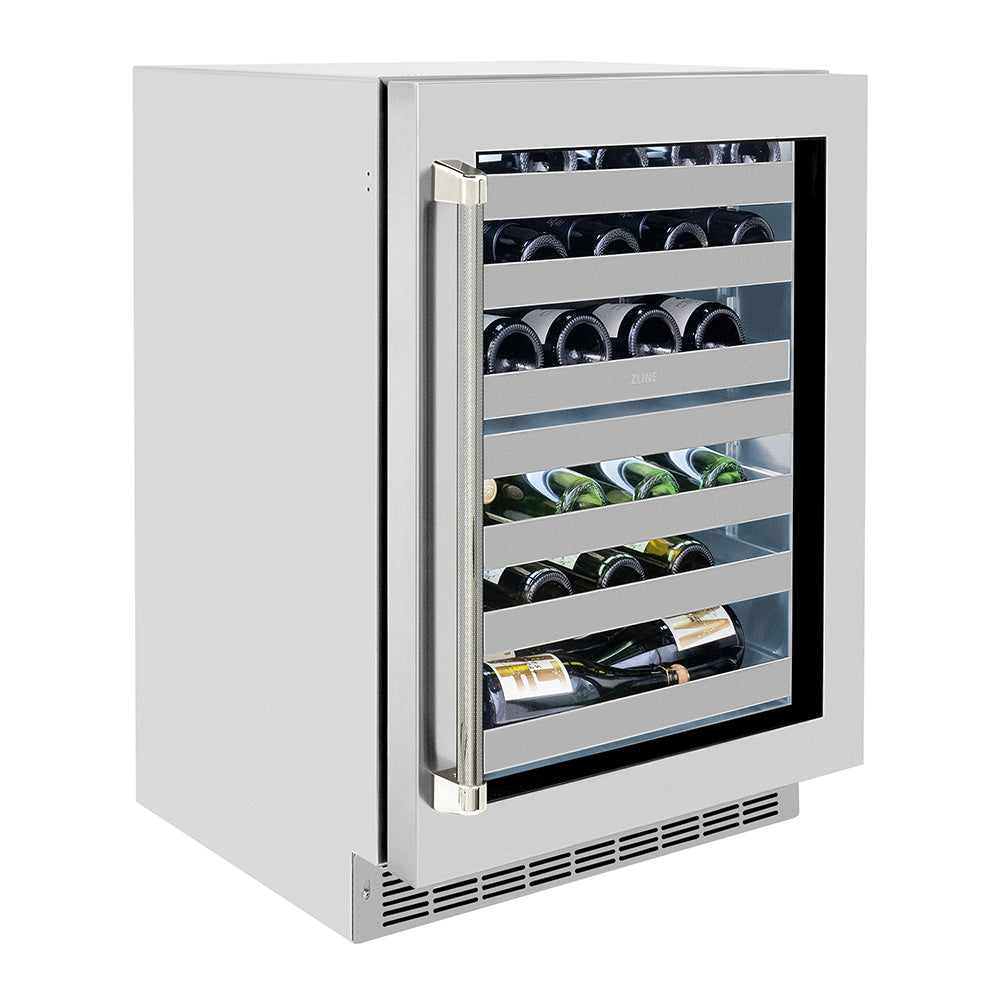 ZLINE Autograph Edition Touchstone 24-inch wine cooler in stainless steel and polished nickel accents RWDOZ-GS-24-KPN, side view