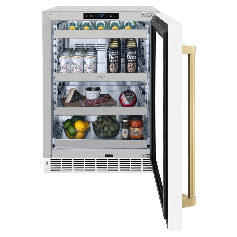 ZLINE Autograph Edition Touchstone 24-inch beverage fridge in stainless steel with white matte door and champagne bronze accents RBSOZ-WM-24-CB, front view