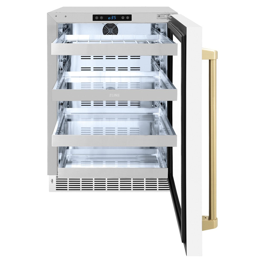 ZLINE Autograph Edition Touchstone 24-inch beverage fridge in stainless steel with white matte door and champagne bronze accents RBSOZ-WM-24-CB, front view