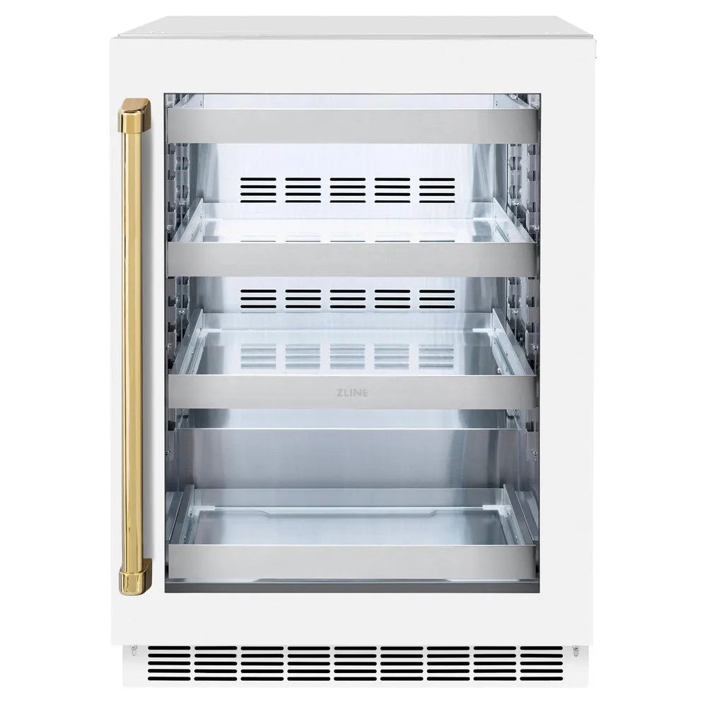 ZLINE Autograph Edition Touchstone 24-inch beverage fridge in stainless steel with white matte door and polished gold accents RBSOZ-WM-24-G