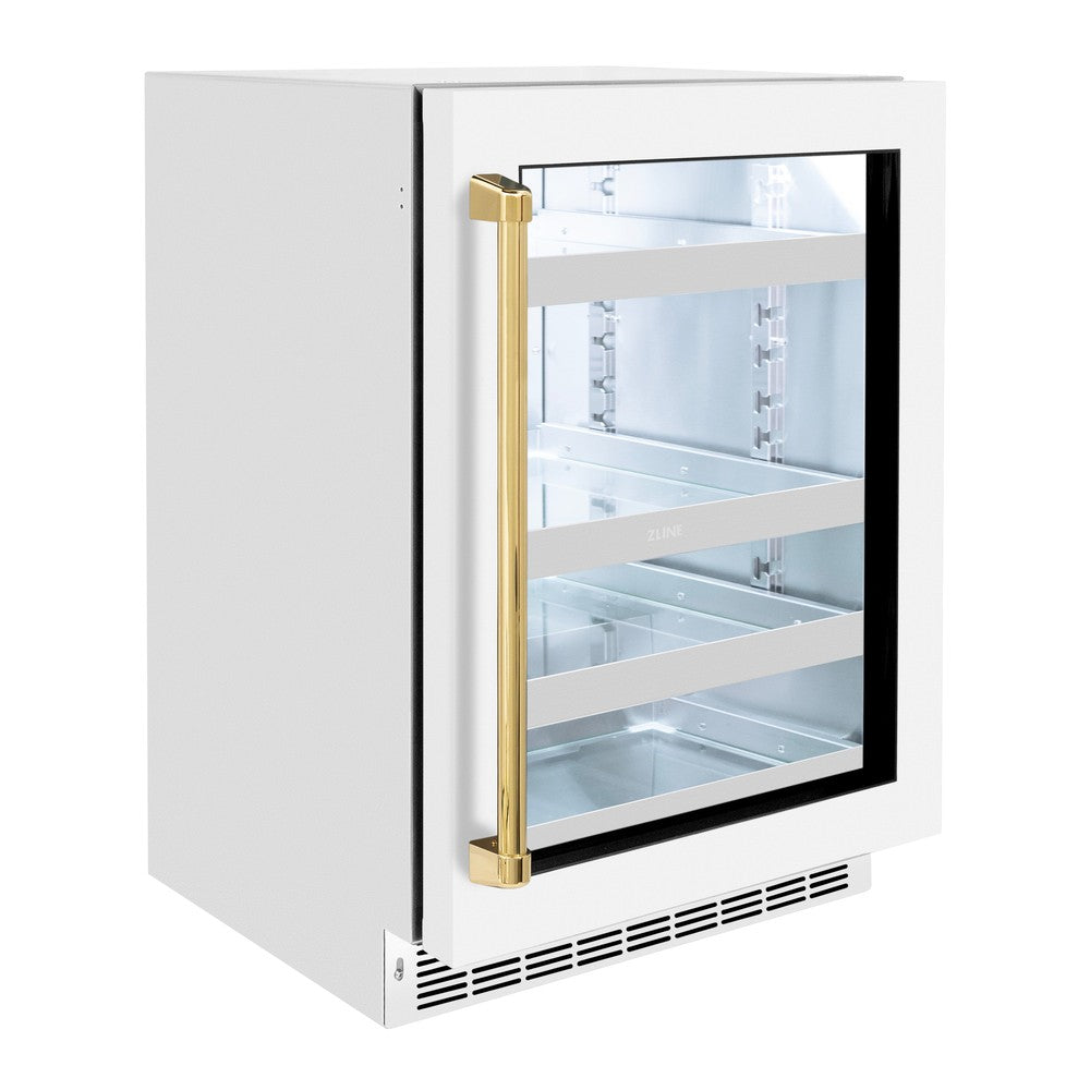 ZLINE Autograph Edition Touchstone 24-inch beverage fridge in stainless steel with white matte door and polished gold accents RBSOZ-WM-24-G, side view