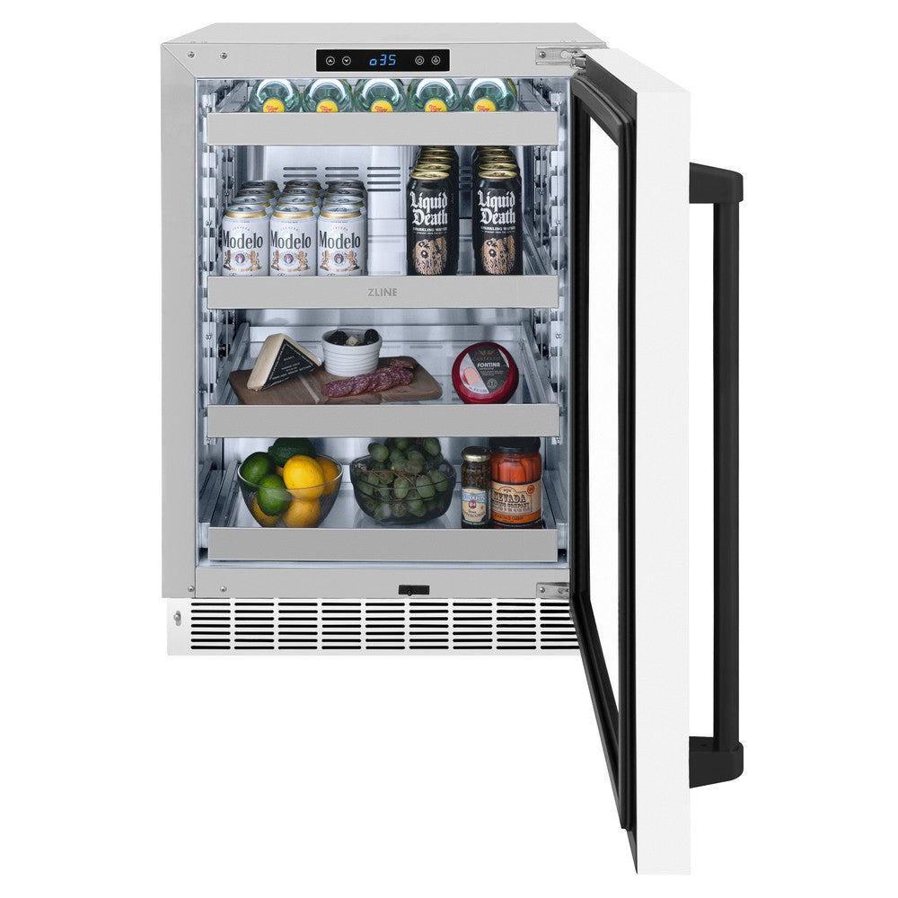 ZLINE Autograph Edition Touchstone 24-inch beverage fridge in stainless steel with white matte door and matte black accents RBSOZ-WM-24-MB, front view