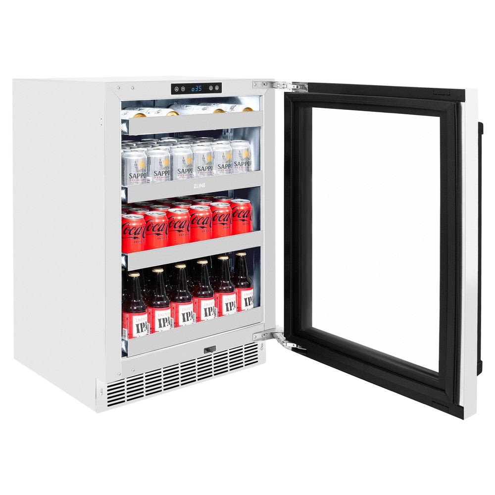 ZLINE Autograph Edition Touchstone 24-inch beverage fridge in stainless steel with white matte door and matte black accents RBSOZ-WM-24-MB, door open