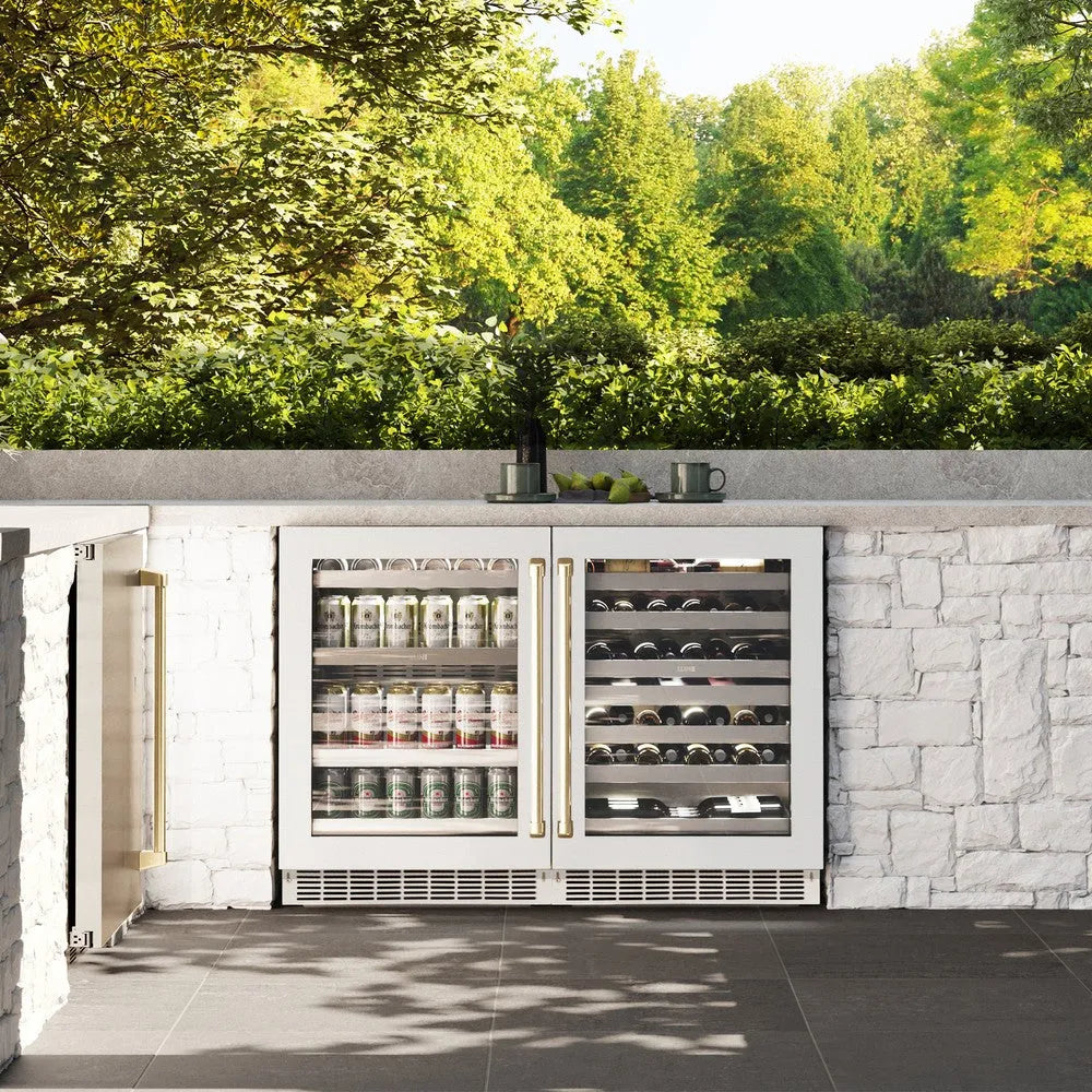 ZLINE Autograph Edition Touchstone 24-inch wine cooler in white matte and champagne bronze accents RWDOZ-WM-24-CB, front view