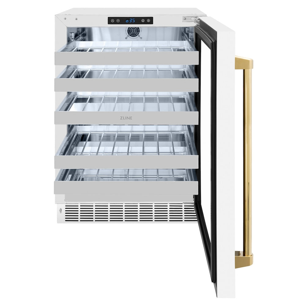 ZLINE Autograph Edition Touchstone 24-inch wine cooler in white matte and polished gold accents RWDOZ-WM-24-G, front view