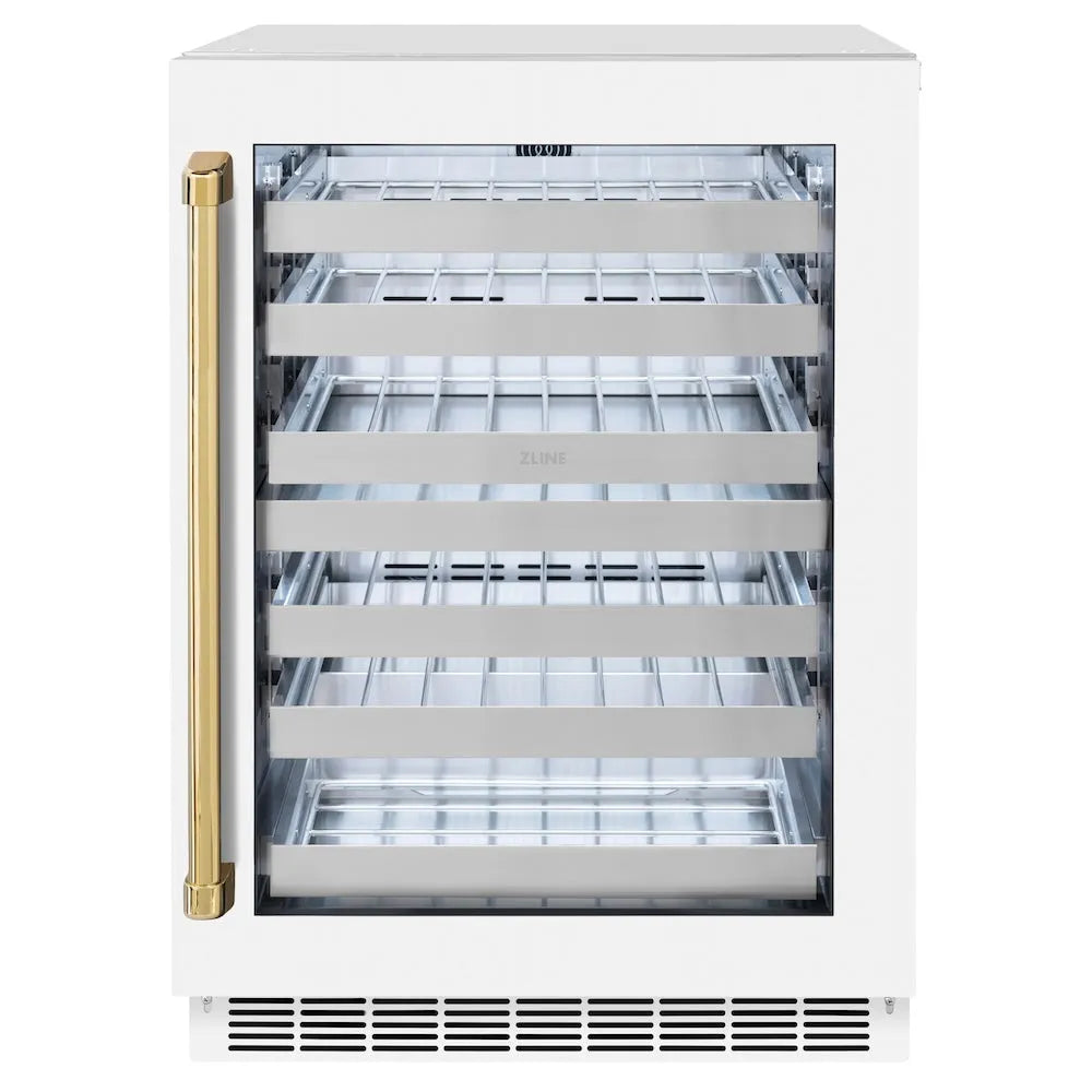 ZLINE Autograph Edition Touchstone 24-inch wine cooler in white matte and polished gold accents RWDOZ-WM-24-G
