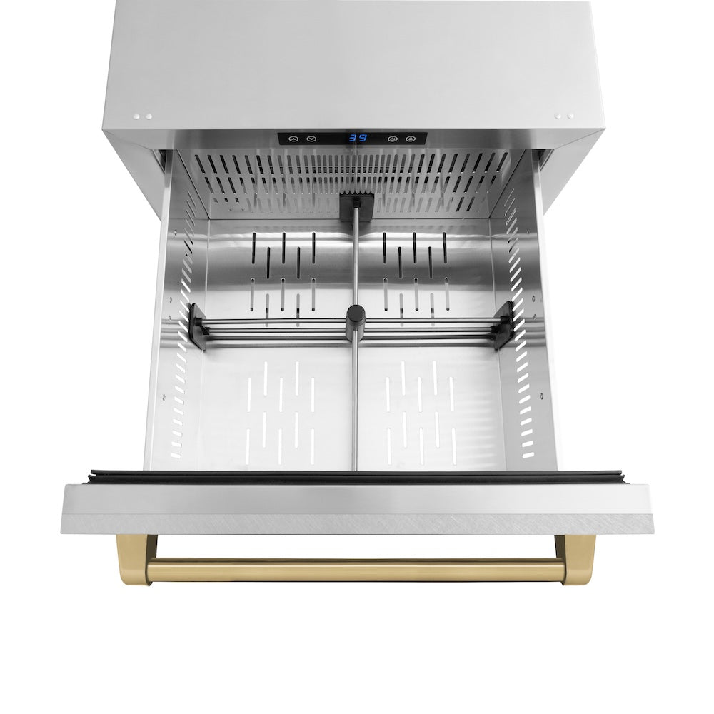 ZLINE Autograph Edition Touchstone 24-inch refrigerator in satin stainless steel and champagne bronze accents RDSOZ-SN-24-CB, detail