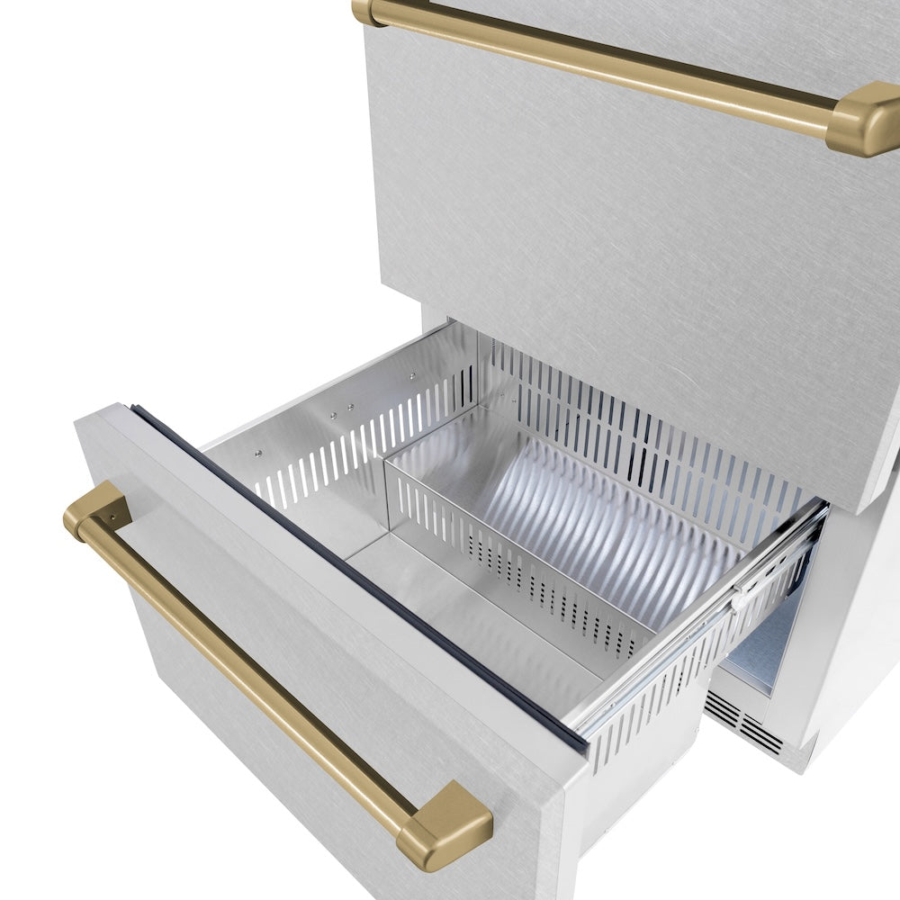 ZLINE Autograph Edition Touchstone 24-inch refrigerator in satin stainless steel and champagne bronze accents RDSOZ-SN-24-CB, detail