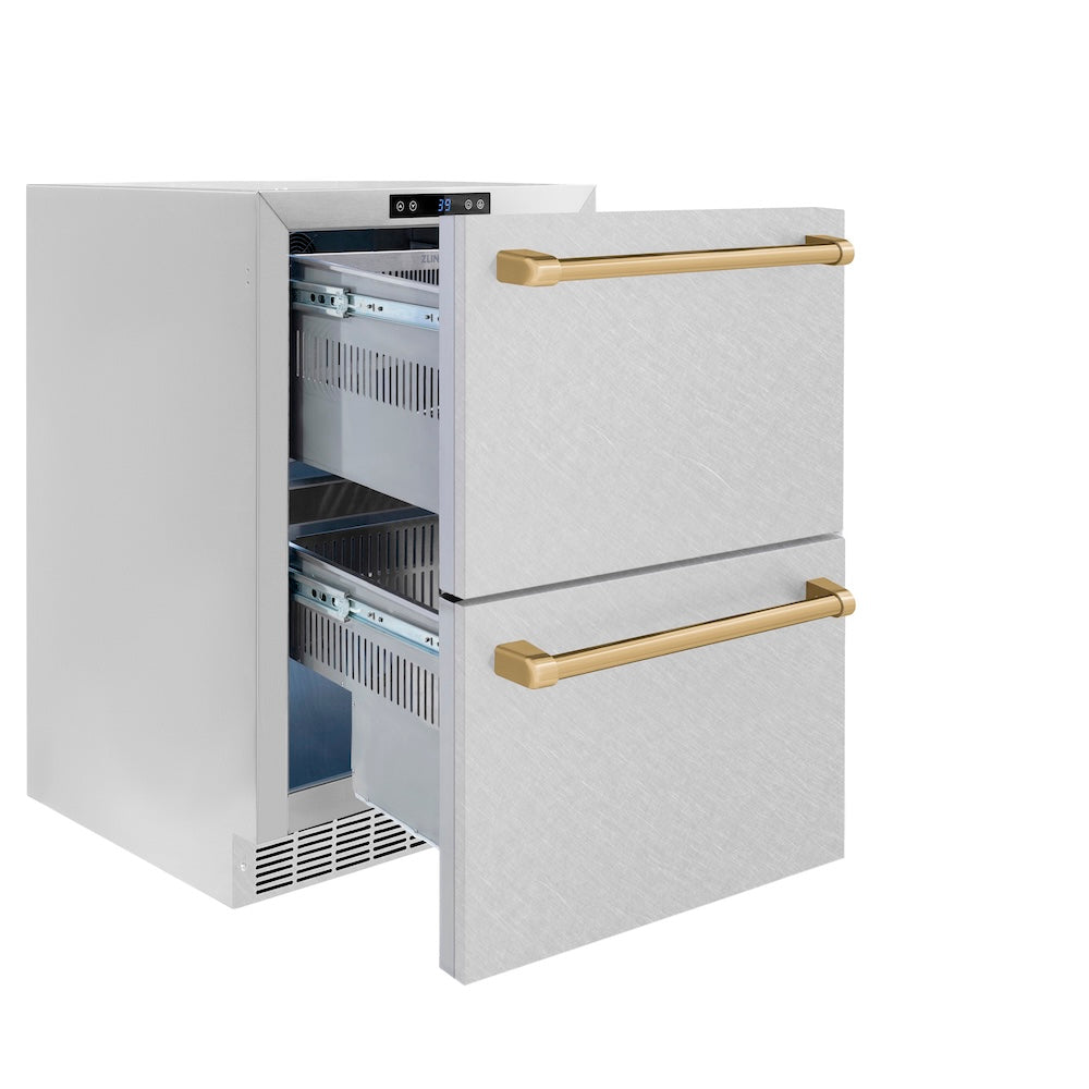 ZLINE Autograph Edition Touchstone 24-inch refrigerator in satin stainless steel and champagne bronze accents RDSOZ-SN-24-CB, door open