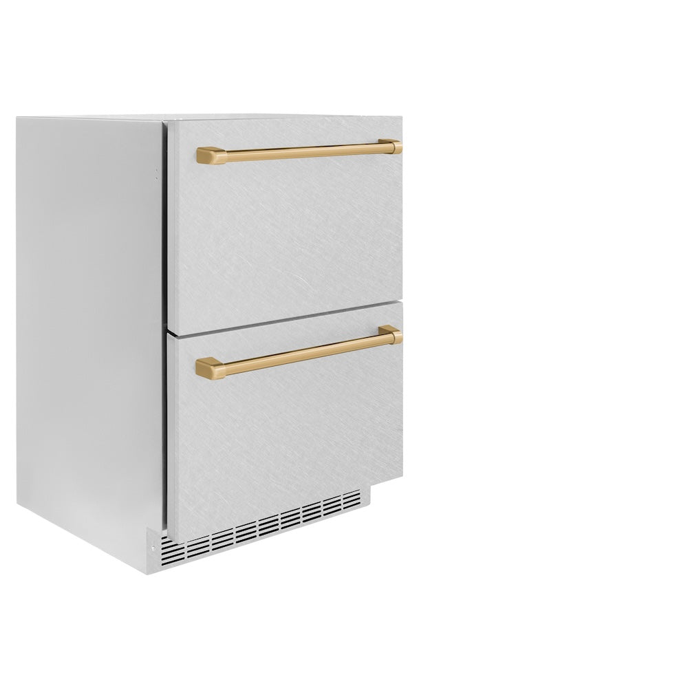 ZLINE Autograph Edition Touchstone 24-inch refrigerator in satin stainless steel and champagne bronze accents RDSOZ-SN-24-CB, side view