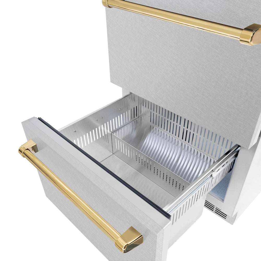 ZLINE Autograph Edition Touchstone 24-inch refrigerator in satin stainless steel and polished gold accents RDSOZ-SN-24-G, detail
