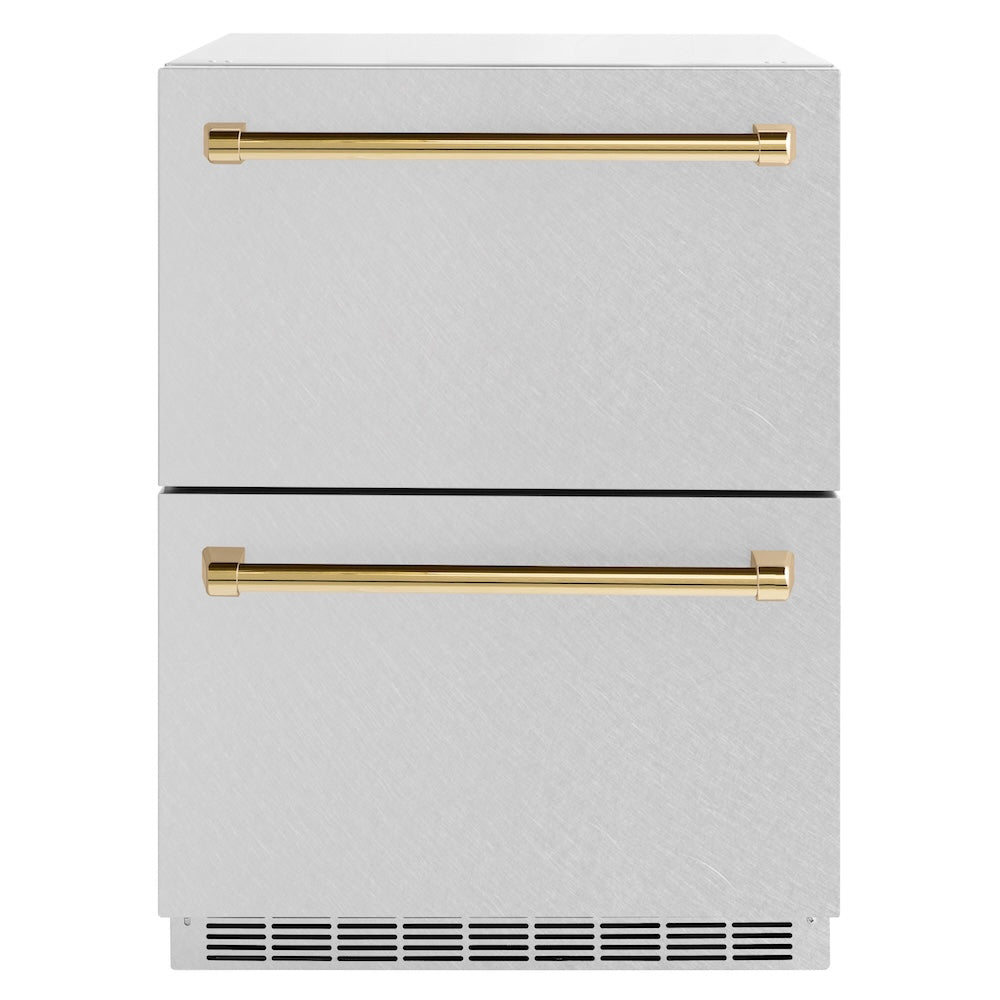 ZLINE Autograph Edition Touchstone 24-inch refrigerator in satin stainless steel and polished gold accents RDSOZ-SN-24-G