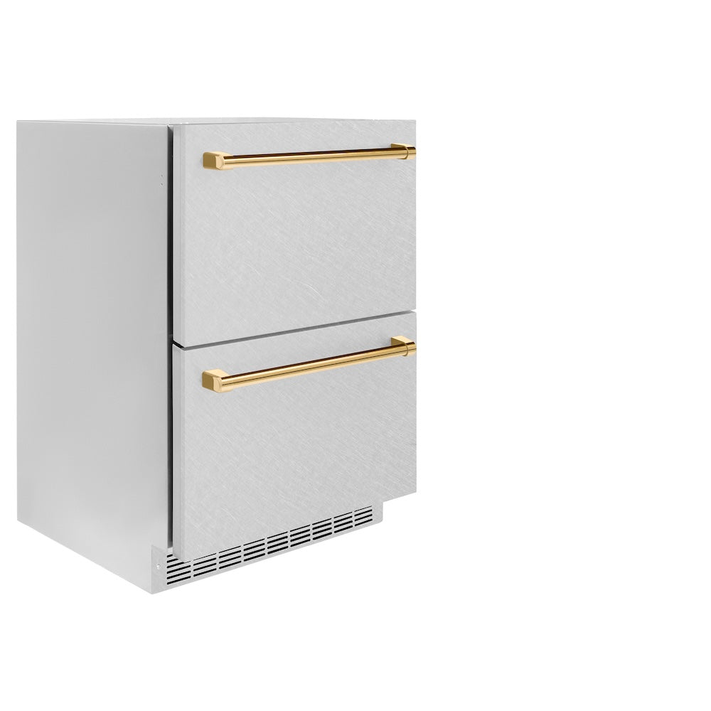 ZLINE Autograph Edition Touchstone 24-inch refrigerator in satin stainless steel and polished gold accents RDSOZ-SN-24-G, side view