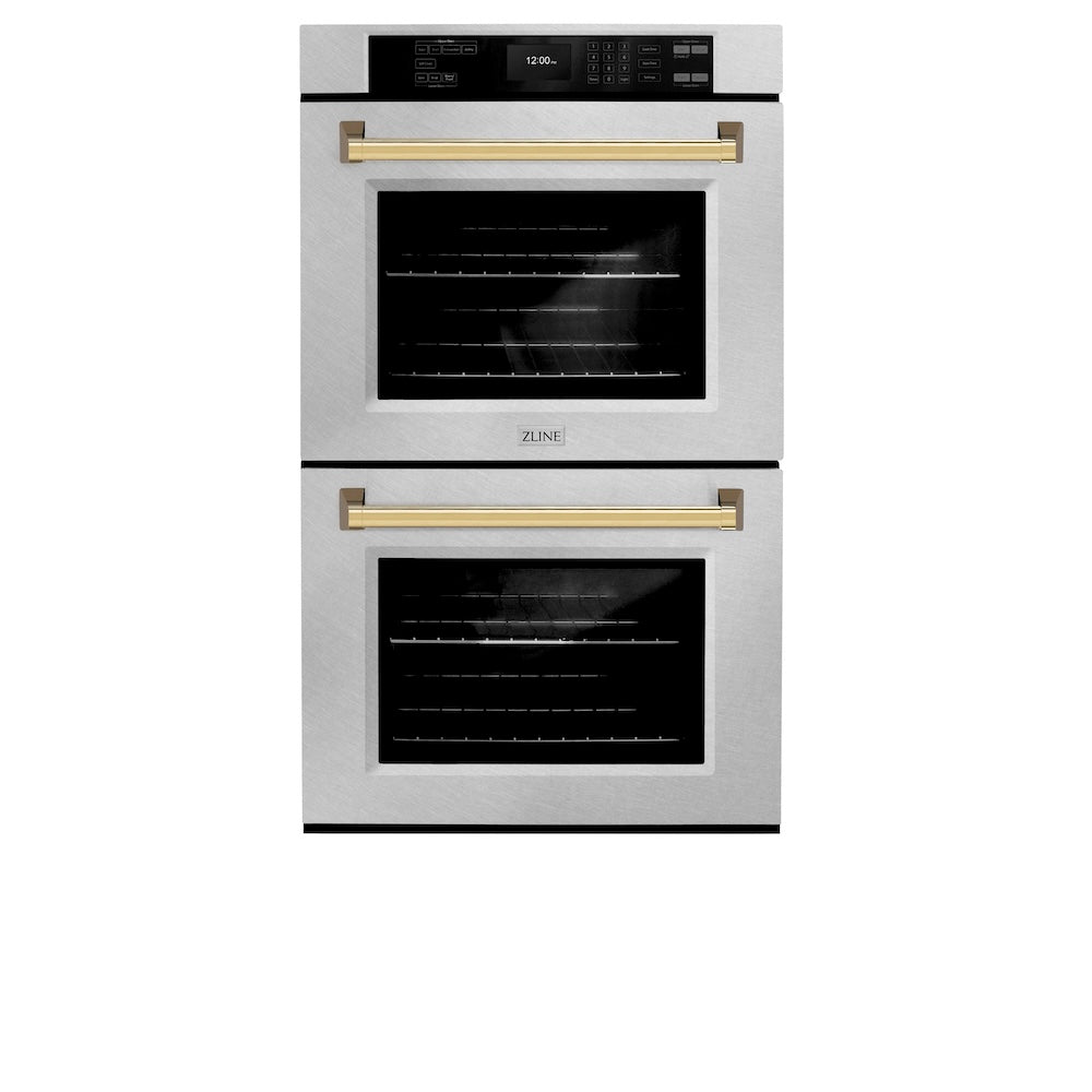 ZLINE Autograph Edition Professional 30-inch wall oven in satin stainless steel and polished gold accents WADSZ-30-G, front view