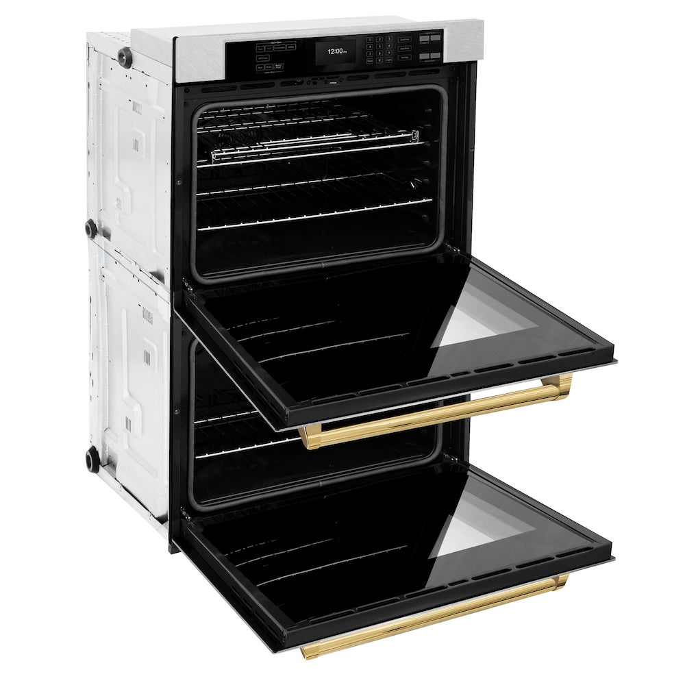 ZLINE Autograph Edition Professional 30-inch wall oven in satin stainless steel and polished gold accents WADSZ-30-G, door open